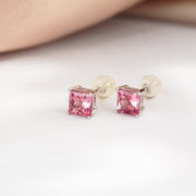 Natural Pink Tourmaline Stone Princess Cut Stud Earrings D1.50ct. 18K Gold